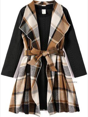 Girls 2-Piece Cardigan Dress Set Long Sleeve Ribbed Dress with Belted Plaid
